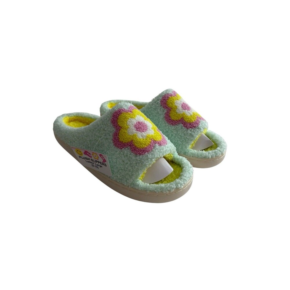 Womens Plush Slippers Flower  Design In Pastels Slip-On Open Toe Size 9/10 NEW